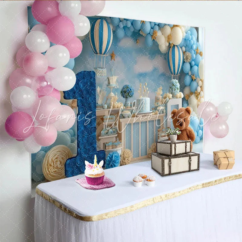 Lofaris Dreamy Blue and White Hot Air Balloon First Birthday Party Backdrop Number One and Cute Teddy Bear