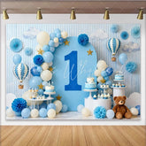 Lofaris Dreamy Blue and White Hot Air Balloon First Birthday Party Backdrop Sky Clouds and Stars Celebration