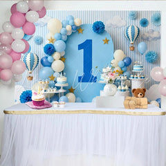 Lofaris Dreamy Blue and White Hot Air Balloon First Birthday Party Backdrop Sky Clouds and Stars Celebration
