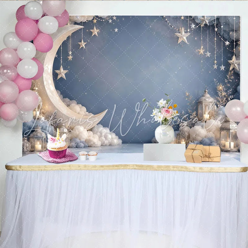 Lofaris Dreamy Blue Moon and Stars Photography Backdrop with Soft Clouds Night Sky Background for Baby Shower and Studio Photoshoot