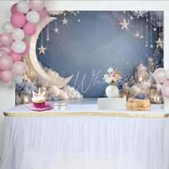 Lofaris Dreamy Blue Moon and Stars Photography Backdrop with Soft Clouds Night Sky Background for Baby Shower and Studio Photoshoot