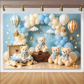Lofaris Dreamy Blue Teddy Bear Hot Air Balloon Baby Shower Backdrop for Boy Soft Clouds and Stars Photography Background