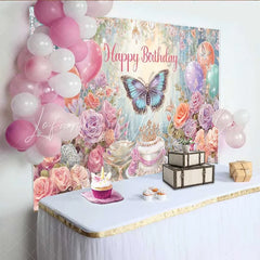 Lofaris Dreamy Butterfly Birthday Backdrop Pastel Floral Balloon Background Magical Forest Cake Table Prop