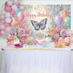 Lofaris Dreamy Butterfly Birthday Backdrop Pastel Floral Balloon Background Magical Forest Cake Table Prop