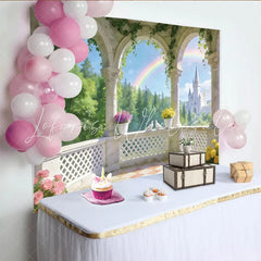 Lofaris Dreamy Fairytale Castle Balcony Photography Backdrop with Rainbow and Doves Photo Background for Princess Party and Studio Portrait
