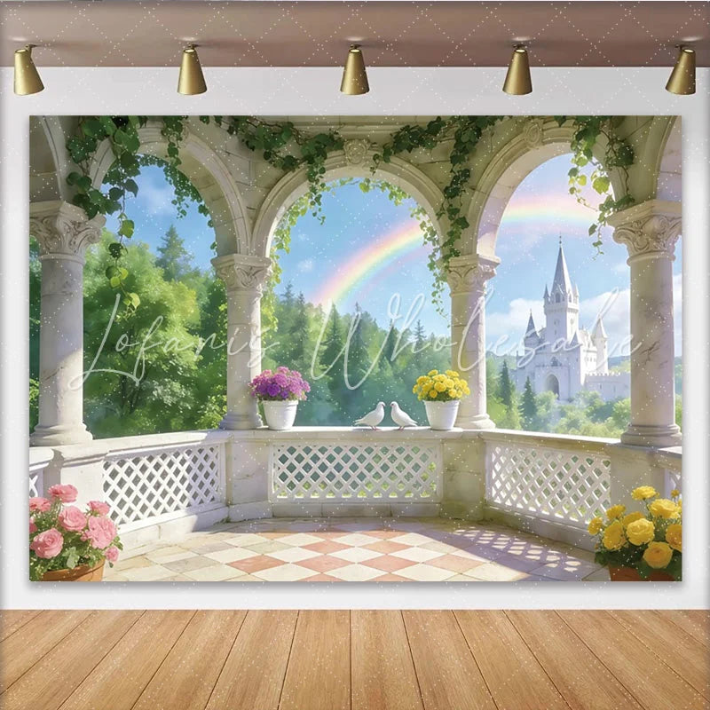 Lofaris Dreamy Fairytale Castle Balcony Photography Backdrop with Rainbow and Doves Photo Background for Princess Party and Studio Portrait