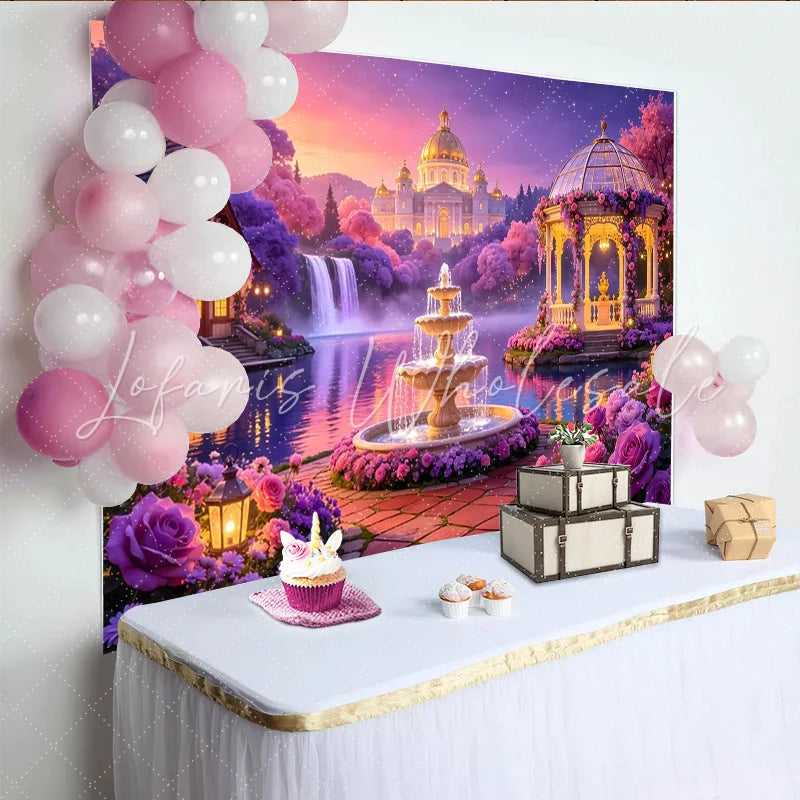 Lofaris Dreamy Fairytale Garden Photography Backdrop with Enchanted Castle and Waterfall Romantic Party Decor for Photoshoot