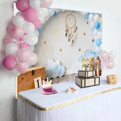 Lofaris Dreamy First Birthday Backdrop Blue Balloon Arch with Dreamcatcher and Stars for Cake Smash
