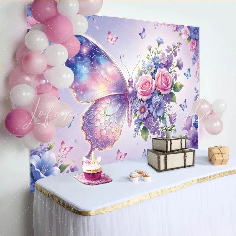 Lofaris Dreamy Iridescent Butterfly Floral Photography Backdrop Whimsical Pastel Garden Photo Background for Girls Birthday Party Studio