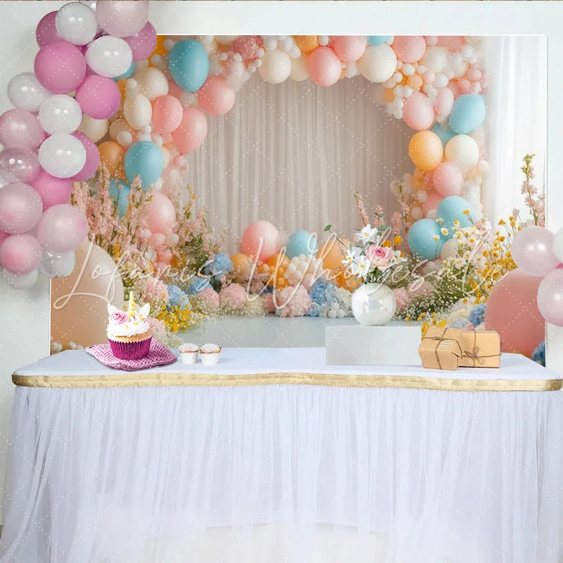 Lofaris Dreamy Pastel Balloon Floral Photography Backdrop with White Curtains Elegant Studio Background for Party Decor