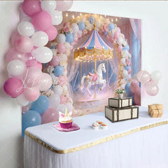 Lofaris Dreamy Pastel Carousel Birthday Backdrop with Balloons and Roses Magical Party Decor for Girls Photoshoot