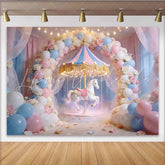 Lofaris Dreamy Pastel Carousel Birthday Backdrop with Balloons and Roses Magical Party Decor for Girls Photoshoot