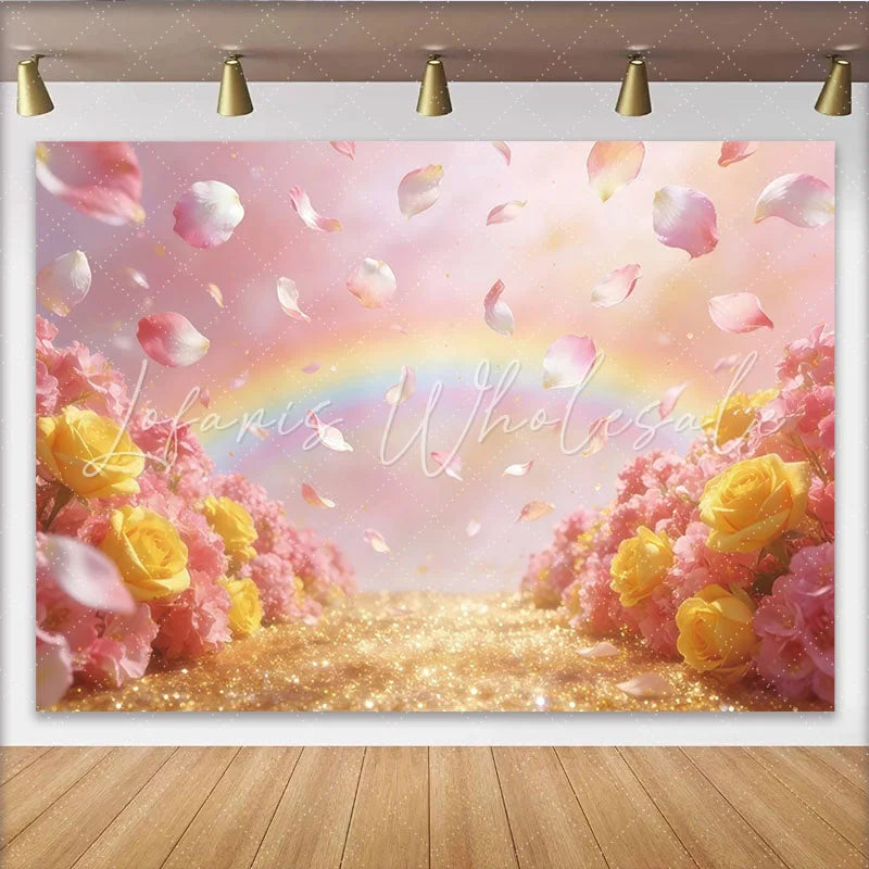 Lofaris Dreamy Pink and Yellow Floral Photography Backdrop Sparkling Glitter Background for Romantic Photoshoots and Event Decor