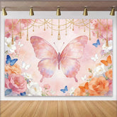 Lofaris Dreamy Pink Butterfly Floral Birthday Backdrop for Girls Elegant Watercolor Photography Background for Party Decor