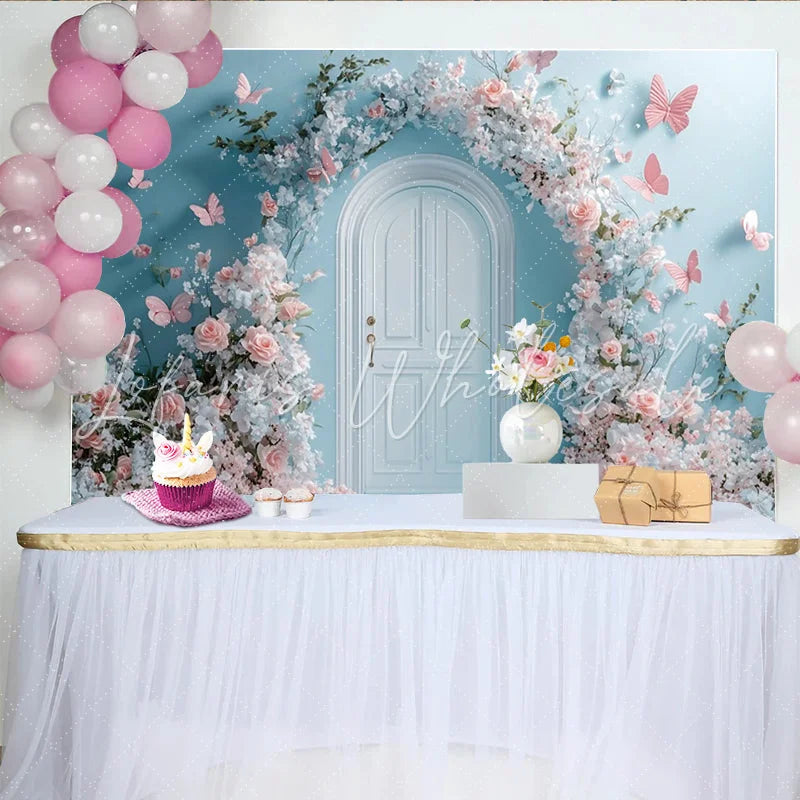 Lofaris Dreamy Pink Floral Arch Door Photography Backdrop with Butterflies Elegant Studio Background for Romantic Photoshoot
