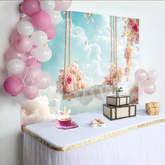 Lofaris Dreamy Pink Floral Swing Photography Backdrop with White Clouds Ethereal Sky Background for Studio Portrait