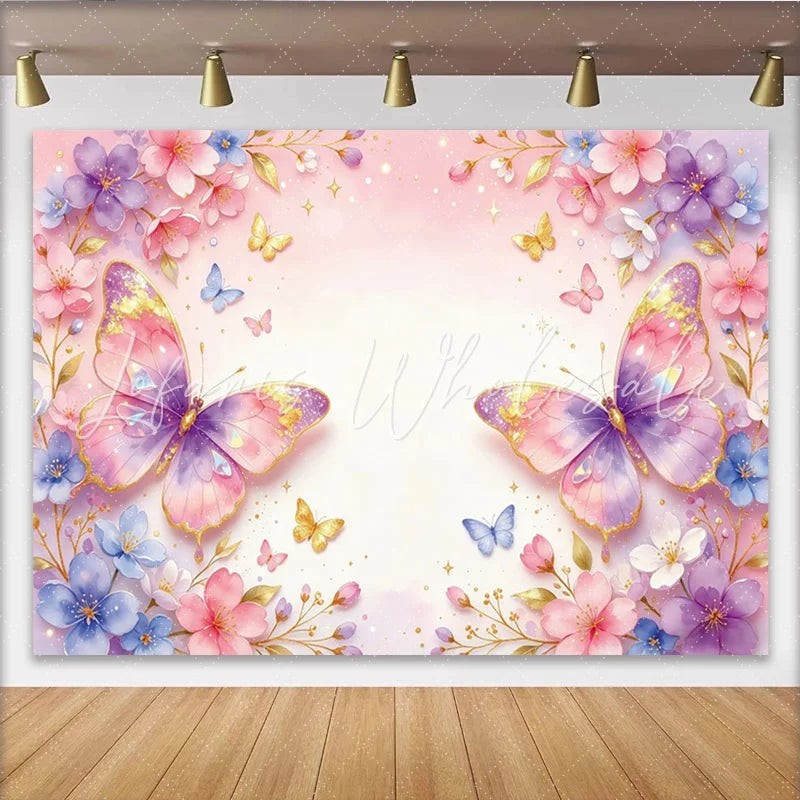Lofaris Dreamy Pink Purple Butterfly Floral Photography Backdrop with Gold Glitter Watercolor Flower Background for Studio Photoshoot