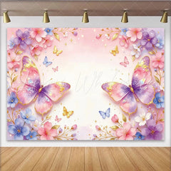 Lofaris Dreamy Pink Purple Butterfly Floral Photography Backdrop with Gold Glitter Watercolor Flower Background for Studio Photoshoot