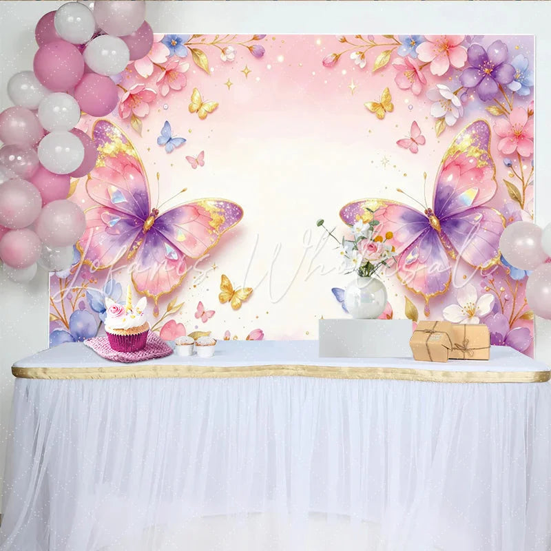 Lofaris Dreamy Pink Purple Butterfly Floral Photography Backdrop with Gold Glitter Watercolor Flower Background for Studio Photoshoot