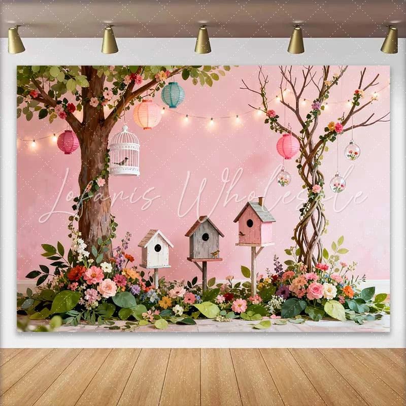 Lofaris Dreamy Pink Spring Garden Backdrop with Lush Flowers Birdhouses and Lanterns for Baby Shower Party