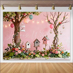 Lofaris Dreamy Pink Spring Garden Backdrop with Lush Flowers Birdhouses and Lanterns for Baby Shower Party
