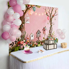 Lofaris Dreamy Pink Spring Garden Backdrop with Lush Flowers Birdhouses and Lanterns for Baby Shower Party