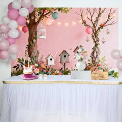 Lofaris Dreamy Pink Spring Garden Backdrop with Lush Flowers Birdhouses and Lanterns for Baby Shower Party