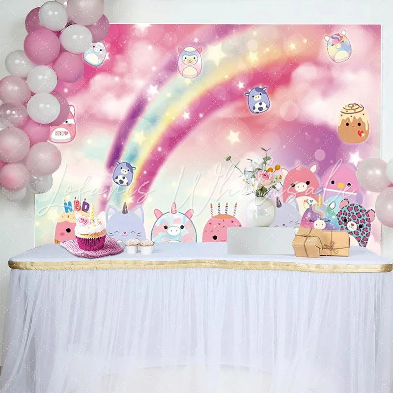 Lofaris Dreamy Rainbow Birthday Backdrop Cute Unicorn Cat Plushies Pink Sky Clouds Party Supplies for Girl