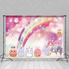 Lofaris Dreamy Rainbow Birthday Backdrop Cute Unicorn Cat Plushies Pink Sky Clouds Party Supplies for Girl