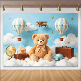 Lofaris Dreamy Teddy Bear Hot Air Balloon Photography Backdrop Blue Sky Whimsical Cloud Background with Stars for Baby Photoshoot