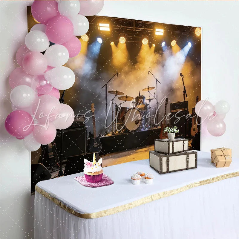 Lofaris Dynamic Concert Stage Backdrop with Drum Kit and Guitars Professional Photography Background for Music Events