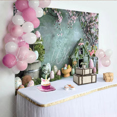 Lofaris Easter Blossom Birdhouse Backdrop Teal Wall and Patterned Eggs Photography Background