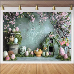 Lofaris Easter Blossom Birdhouse Backdrop Teal Wall and Patterned Eggs Photography Background