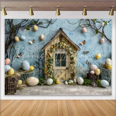 Lofaris Easter Garden Door Backdrop Blue Textured Wall and Spring Eggs Photography Background