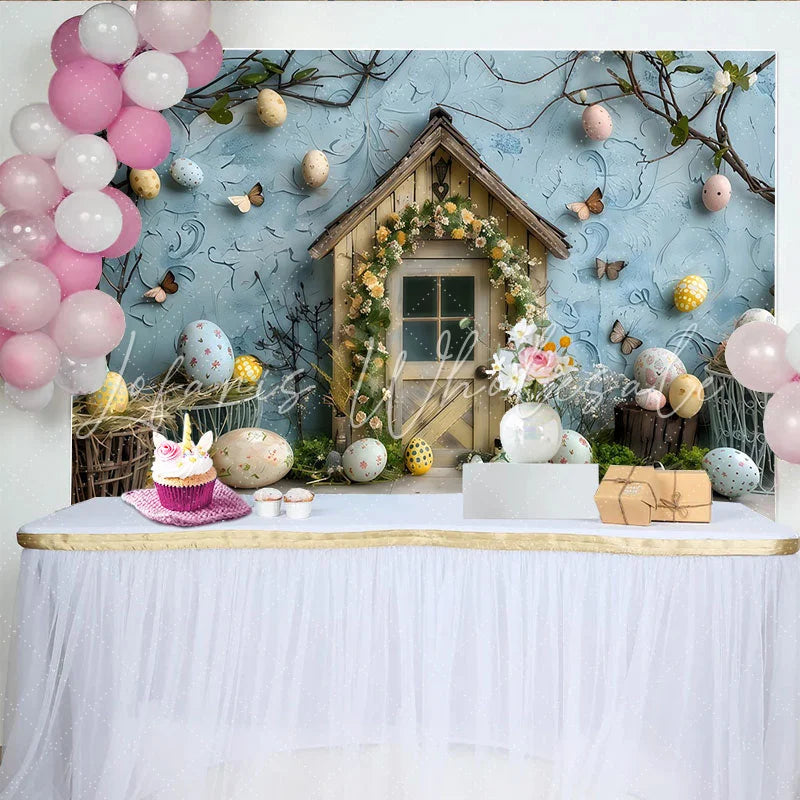 Lofaris Easter Garden Door Backdrop Blue Textured Wall and Spring Eggs Photography Background