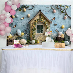 Lofaris Easter Garden Door Backdrop Blue Textured Wall and Spring Eggs Photography Background