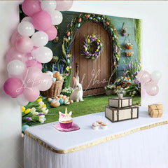 Lofaris Easter Garden Door Photo Backdrop Bunny and Colorful Eggs Photo Background