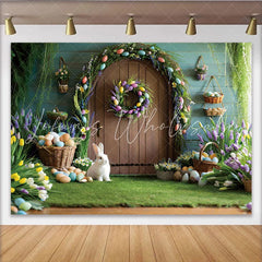 Lofaris Easter Garden Door Photo Backdrop Bunny and Colorful Eggs Photo Background