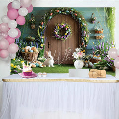 Lofaris Easter Garden Door Photo Backdrop Bunny and Colorful Eggs Photo Background