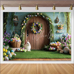 Lofaris Easter Garden Door Photography Backdrop Bunny and Colorful Eggs Photo Background