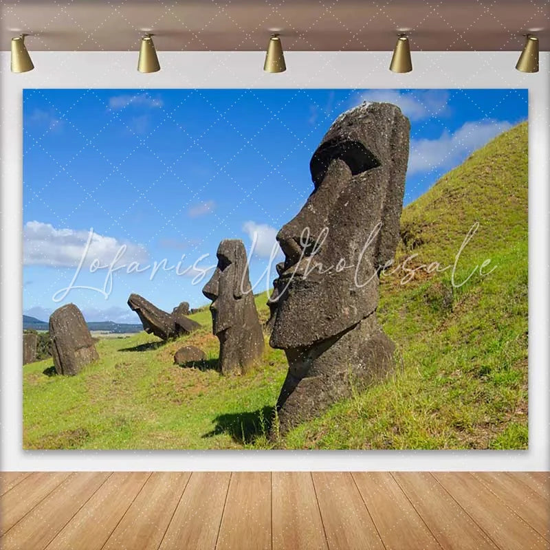 Lofaris Easter Island Moai Statues Grassy Hill Backdrop Ancient Relics Nature Landscape Photography Background