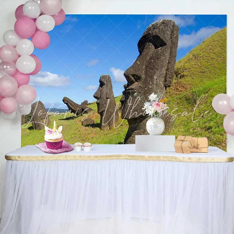 Lofaris Easter Island Moai Statues Grassy Hill Backdrop Ancient Relics Nature Landscape Photography Background