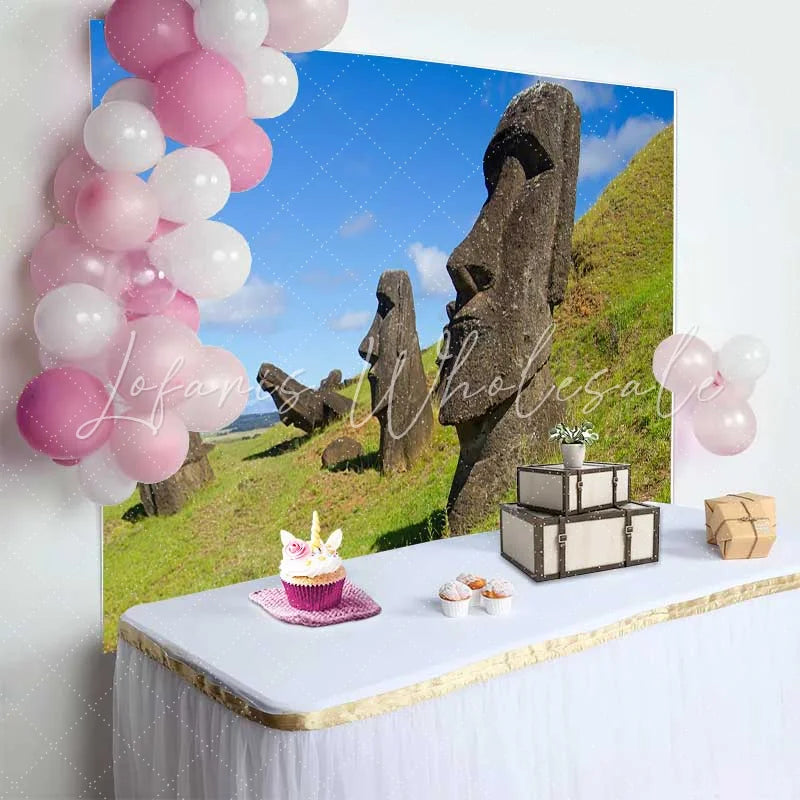 Lofaris Easter Island Moai Statues Grassy Hill Backdrop Ancient Relics Nature Landscape Photography Background