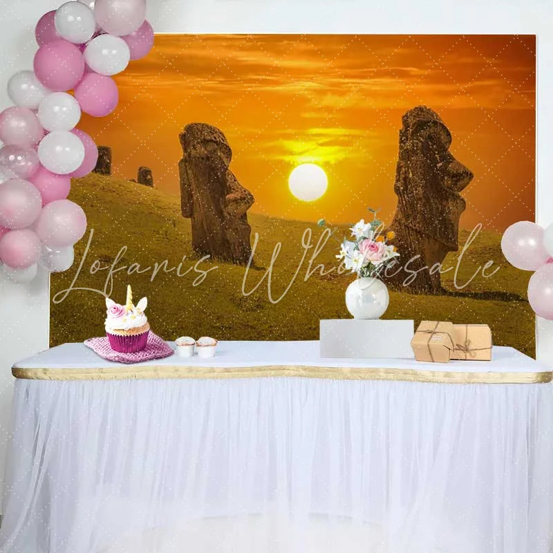 Lofaris Easter Island Moai Statues Sunset Landscape Backdrop Ancient Wonders Scenery Event Photography Background
