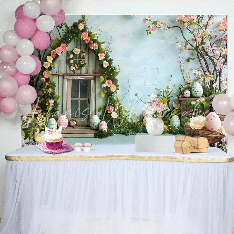 Lofaris Easter Rose House Backdrop Blue Spring Garden and Patterned Eggs Photography Background