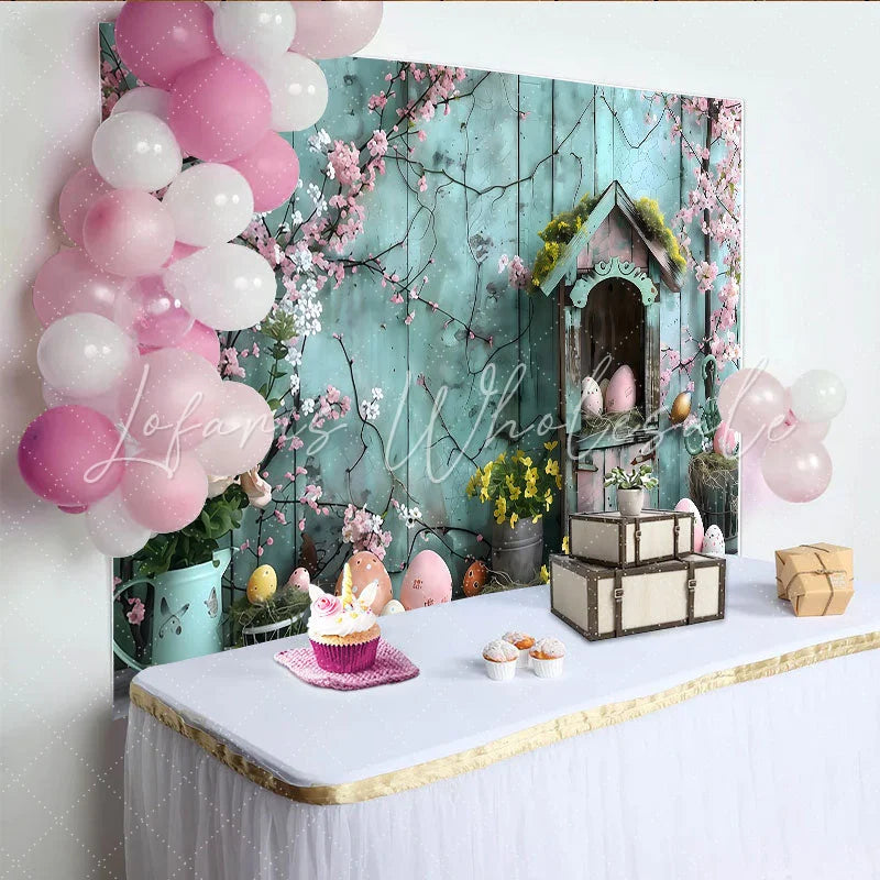 Lofaris Easter Spring Garden Backdrop Blue Wood Wall and Pink Blossom Photography Background
