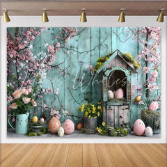 Lofaris Easter Spring Garden Backdrop Blue Wood Wall and Pink Blossom Photography Background