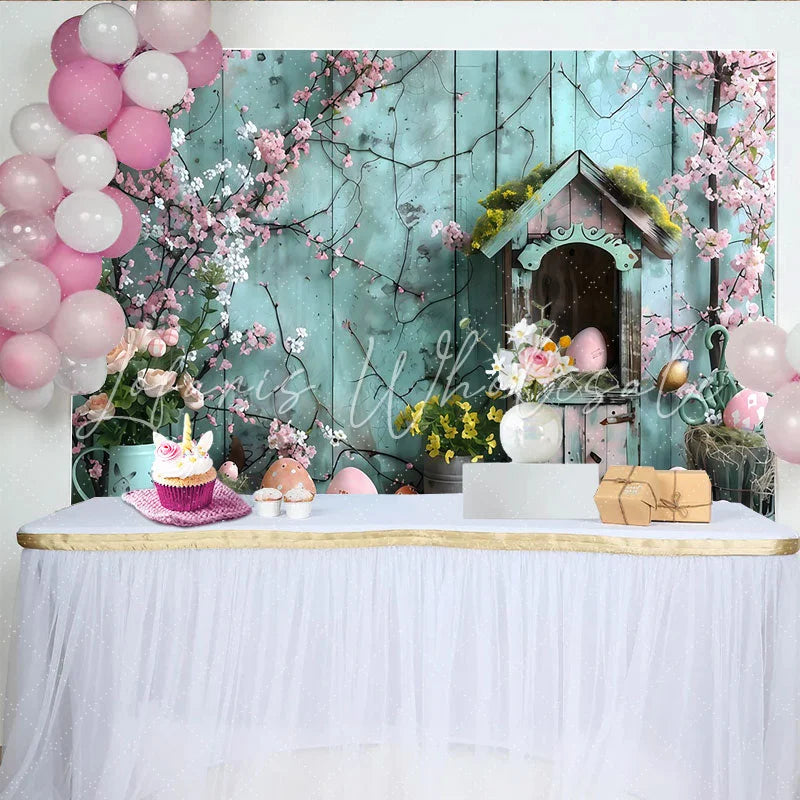 Lofaris Easter Spring Garden Backdrop Blue Wood Wall and Pink Blossom Photography Background