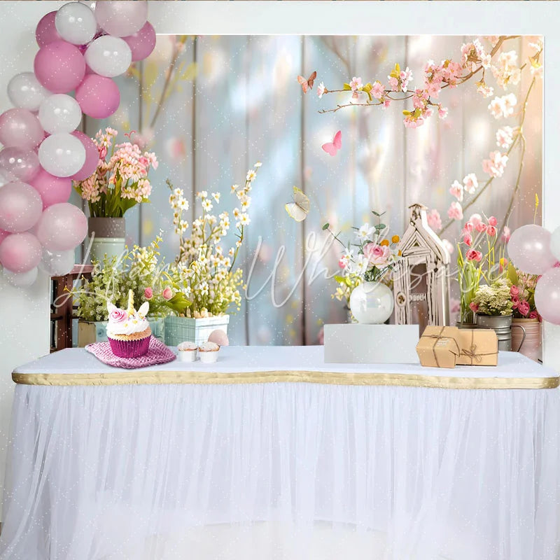 Lofaris Easter Spring Garden Backdrop Rustic Wood and Pink Blossom Photography Background