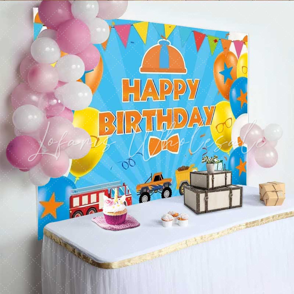 Lofaris Educational Cartoon Inspired Birthday Backdrop Orange and Blue Theme for Kids Fun Transportation Party Decor